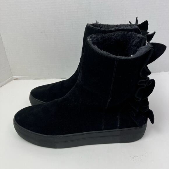J/Slides Sz 8.5 Ruffle Back Platform Ankle Booties Black Suede Faux-fur Lined - Picture 1 of 16